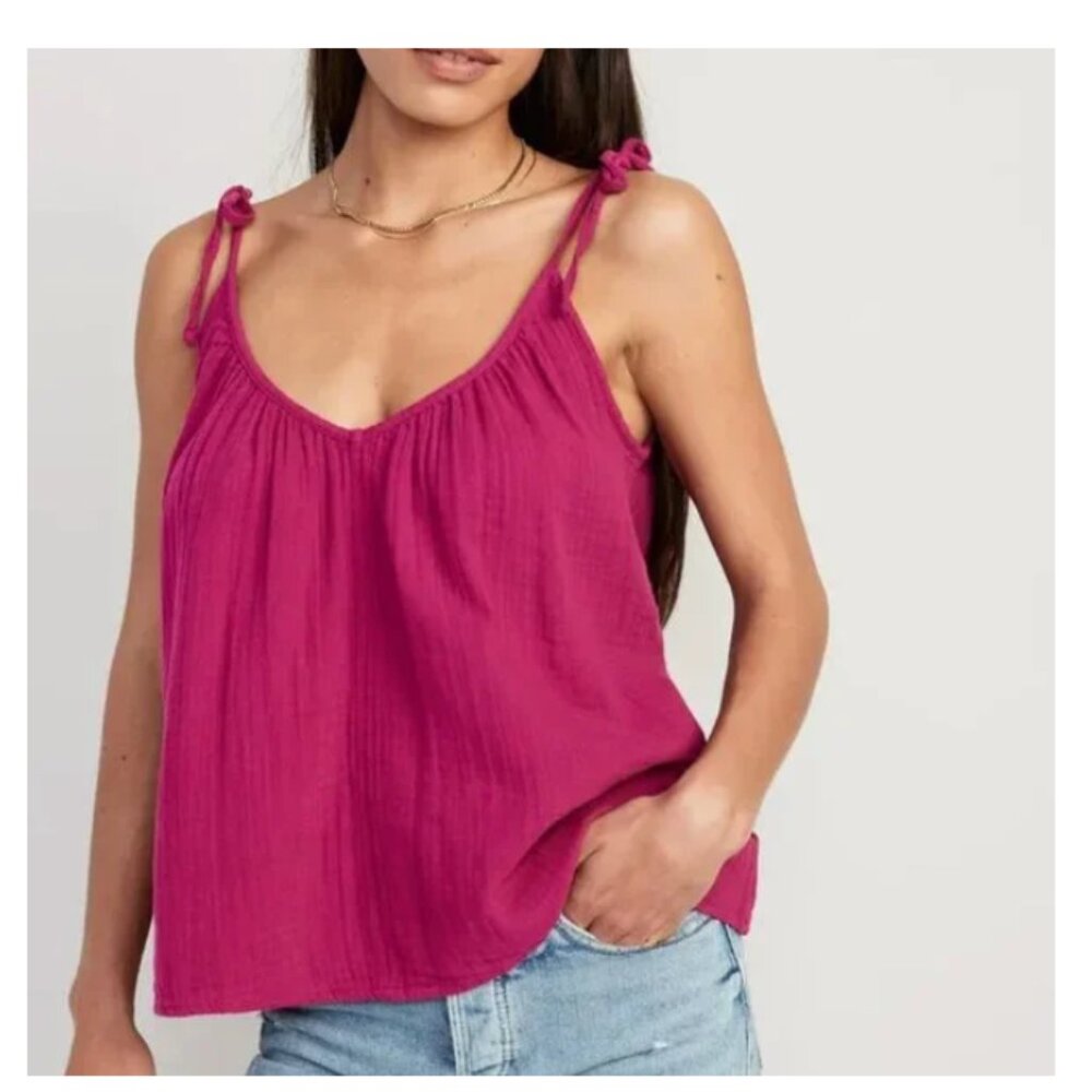 NEW Old Navy Cotton Gauze Fuchsia Pink Spaghetti Tie Swing Tank - XS